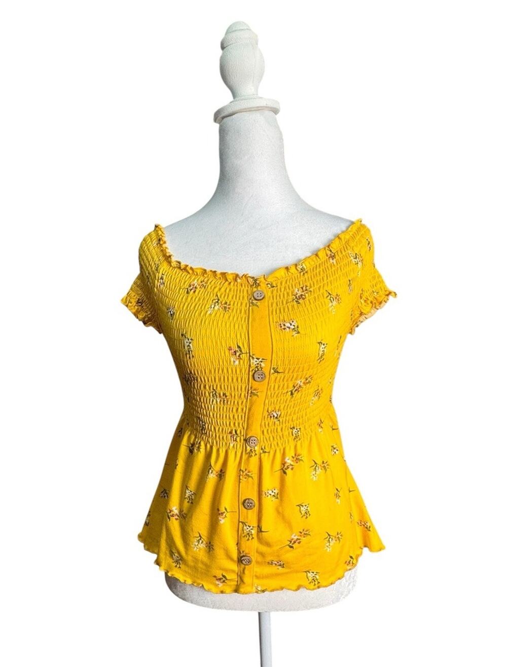 Cottagecore Womens Smocked Off Shoulder Floral Top Yellow Peplum Milkmaid Size S